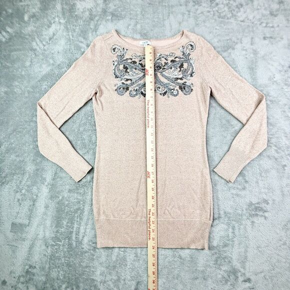 Cache Silver Thread Beaded BUTTERFLY Size M Sweater Blush Pink Vintage 1990S - Picture 3 of 6